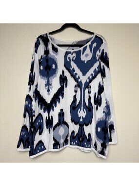 Chico's Blue & White Pattern Long Sleeve Lightweight Scoop Neck Top Sz M/L